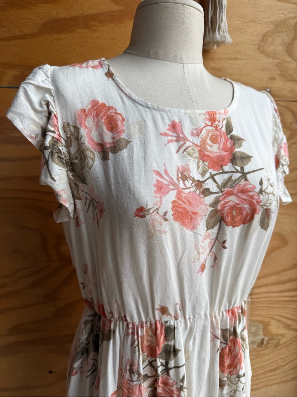 Floral White Mini Dress with Pink Rose Print - Picture 3 of 8